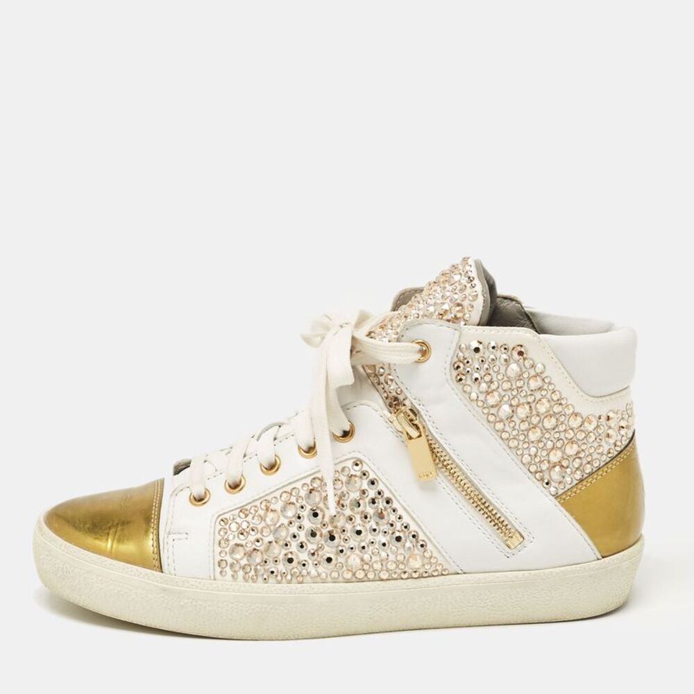 Gina White/gold Leather Crystal Embellished High Top Sneakers Size 39